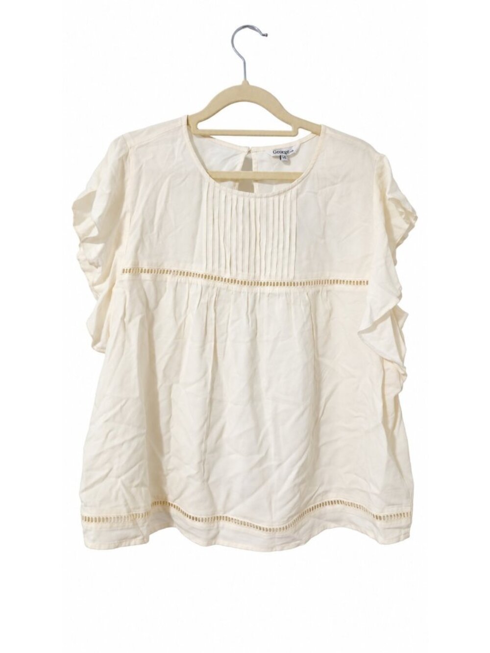 George Womens L Ivory Blouse Flutter Sleeve Pleated Boho Crochet Trim Top NWT